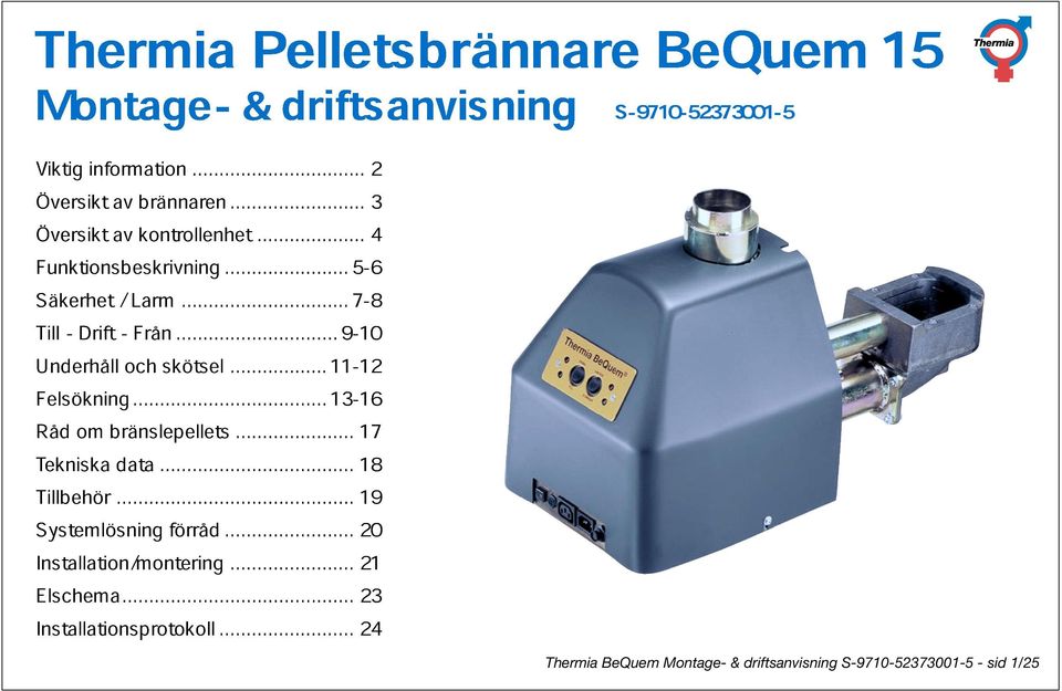 Thermia Pelletsbrännare BeQuem15 Montage- & driftsanvisning S - PDF Free  Download