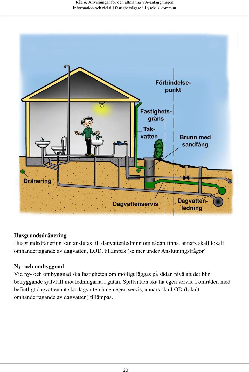 möjligt läggas på sådan nivå att det blir betryggande självfall mot ledningarna i gatan. Spillvatten ska ha egen servis.