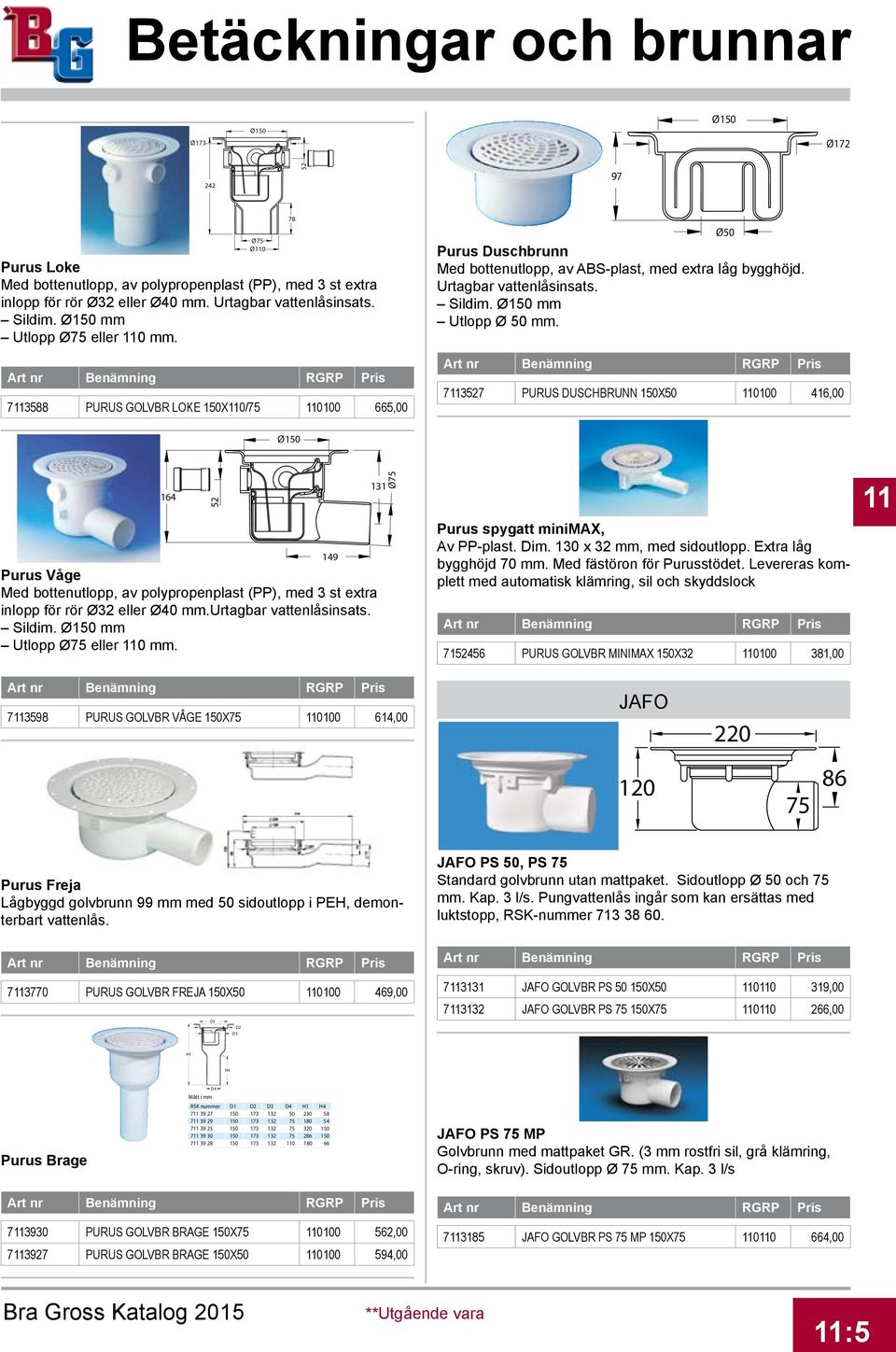 7113527 PURUS DUSCHBRUNN 150X50 110100 416,00 Ø50 Ø150 164 Purus Våge Med bottenutlopp, av polypropenplast (PP), med 3 st extra inlopp för rör Ø32 eller Ø40 mm.urtagbar vattenlåsinsats. Sildim.