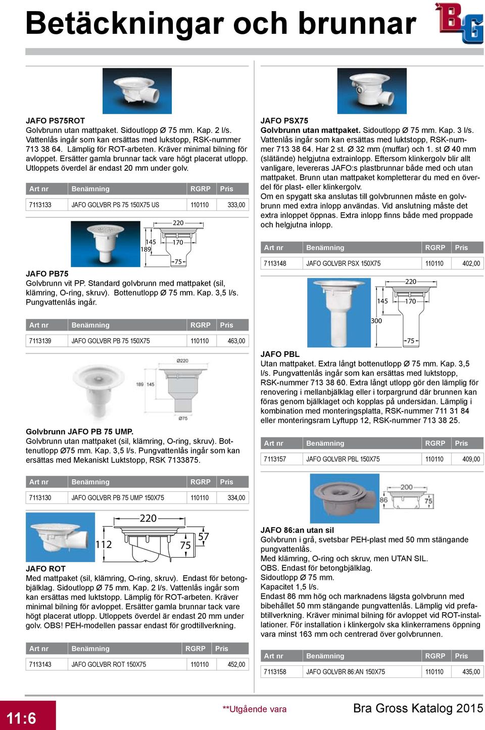 7113133 JAFO GOLVBR PS 75 150X75 US 110110 333,00 145 189 JAFO PB75 Golvbrunn vit PP. Standard golvbrunn med mattpaket (sil, klämring, O-ring, skruv). Bottenutlopp Ø 75 mm. Kap. 3,5 l/s.