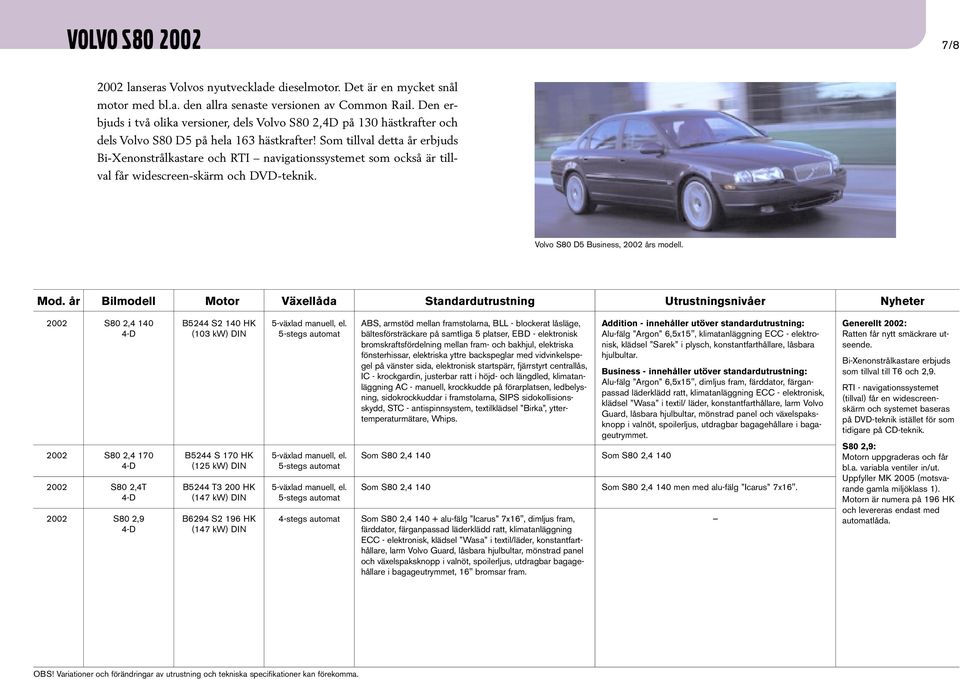 Som tillval detta år erbjuds Bi-Xenonstrålkastare och RTI navigationssystemet som också är tillval får widescreen-skärm och DVD-teknik. Volvo S80 D5 Business, 2002 års modell.