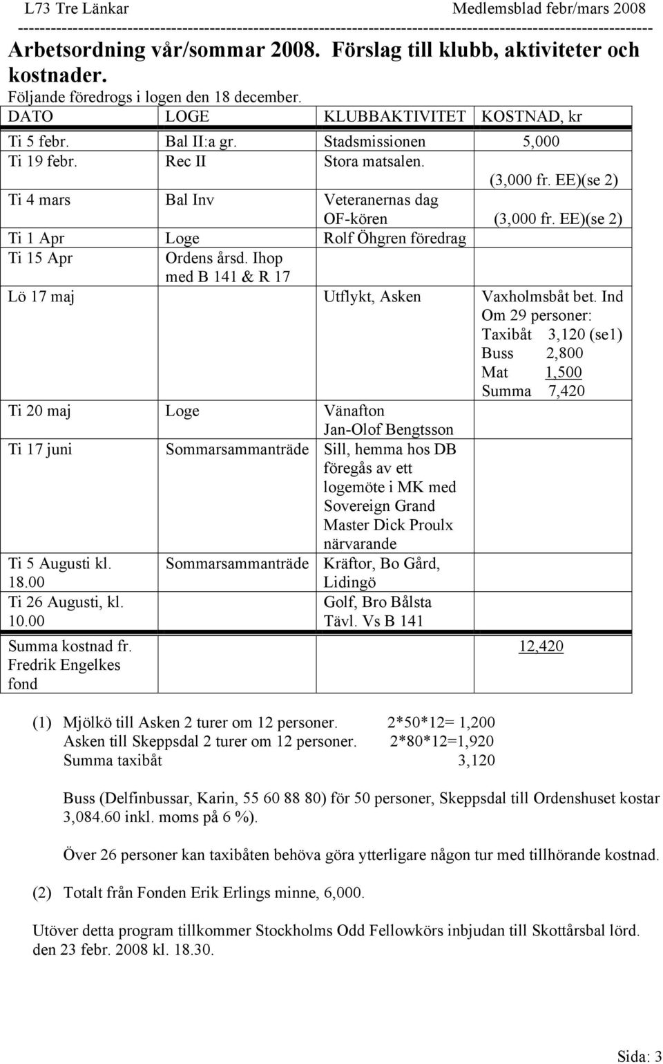Rec II Stora matsalen. (3,000 fr. EE)(se 2) Ti 4 mars Bal Inv Veteranernas dag OF-kören (3,000 fr. EE)(se 2) Ti 1 Apr Loge Rolf Öhgren föredrag Ti 15 Apr Ordens årsd.