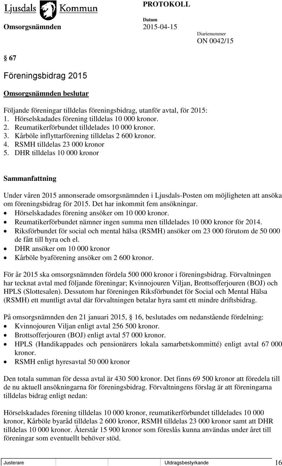 DHR tilldelas 10 000 kronor Sammanfattning Under våren 2015 annonserade omsorgsnämnden i Ljusdals-Posten om möjligheten att ansöka om föreningsbidrag för 2015. Det har inkommit fem ansökningar.
