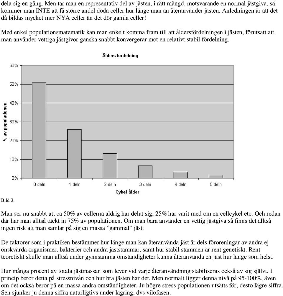 Med enkel populationsmatematik kan man enkelt komma fram till att åldersfördelningen i jästen, förutsatt att man använder vettiga jästgivor ganska snabbt konvergerar mot en relativt stabil fördelning.