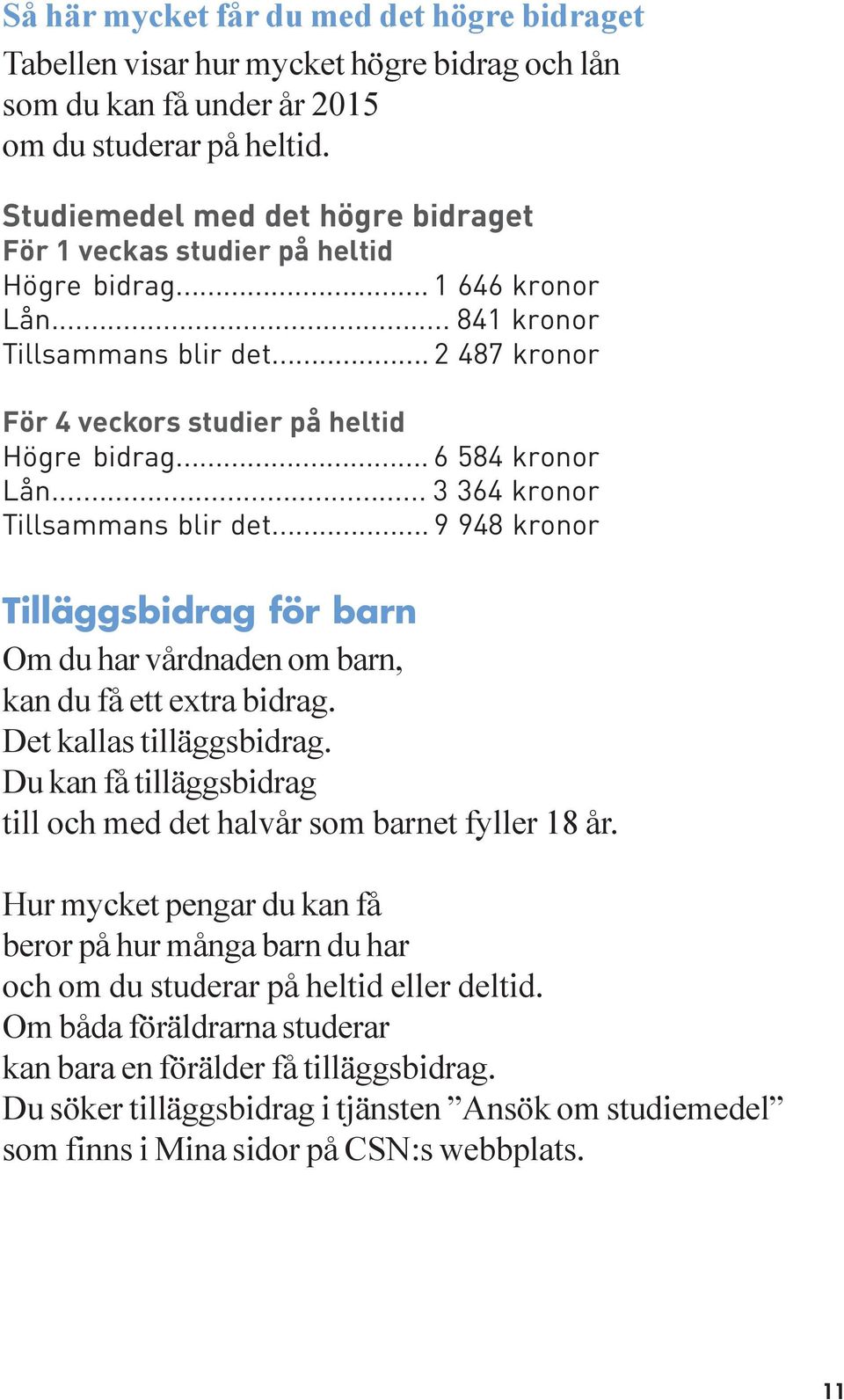 .. 6 584 kronor Lån... 3 364 kronor Tillsammans blir det... 9 948 kronor Tilläggsbidrag för barn Om du har vårdnaden om barn, kan du få ett extra bidrag. Det kallas tilläggsbidrag.