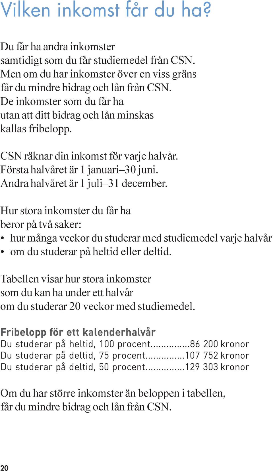 Hur stora inkomster du får ha beror på två saker: hur många veckor du studerar med studiemedel varje halvår om du studerar på heltid eller deltid.