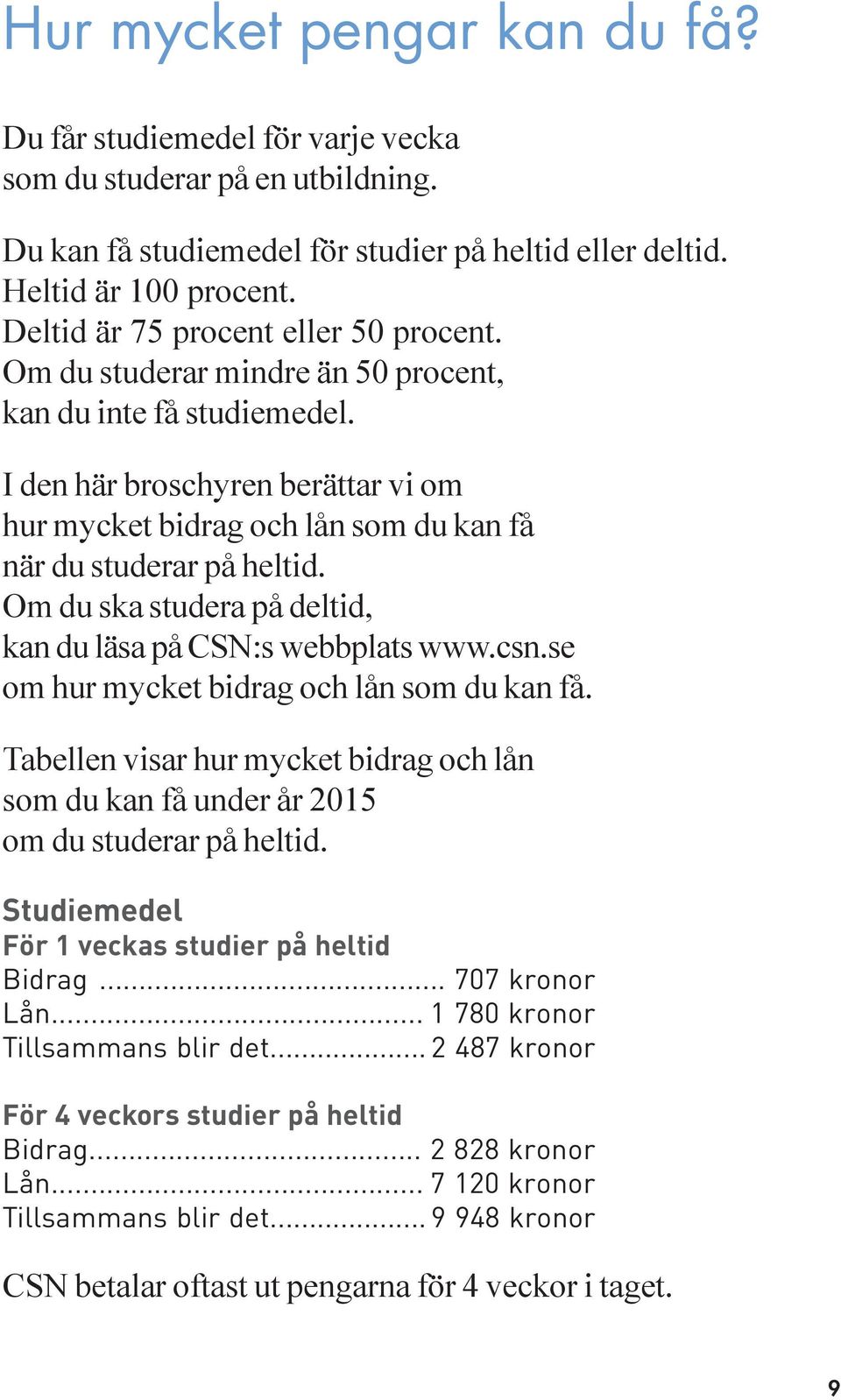 I den här broschyren berättar vi om hur mycket bidrag och lån som du kan få när du studerar på heltid. Om du ska studera på deltid, kan du läsa på CSN:s webbplats www.csn.