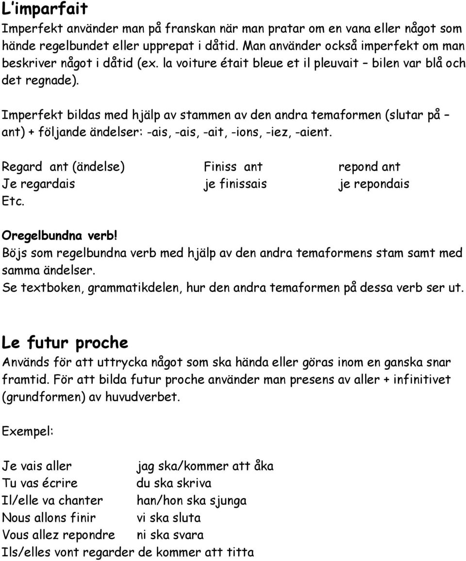 Imperfekt bildas med hjälp av stammen av den andra temaformen (slutar på ant) + följande ändelser: -ais, -ais, -ait, -ions, -iez, -aient.