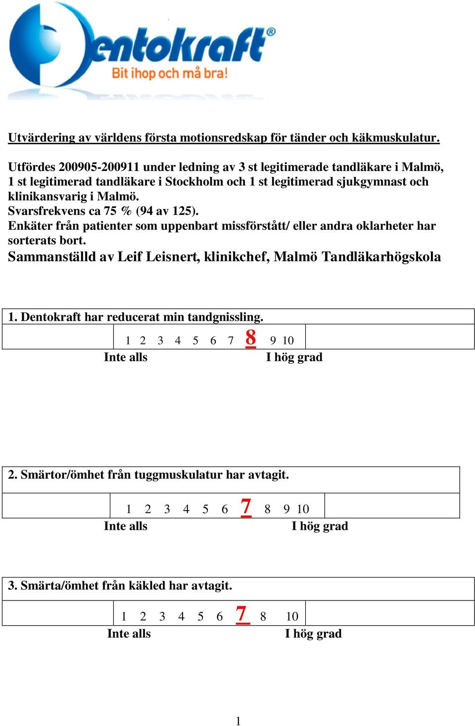 och klinikansvarig i Malmö. Svarsfrekvens ca 75 % (94 av 125).