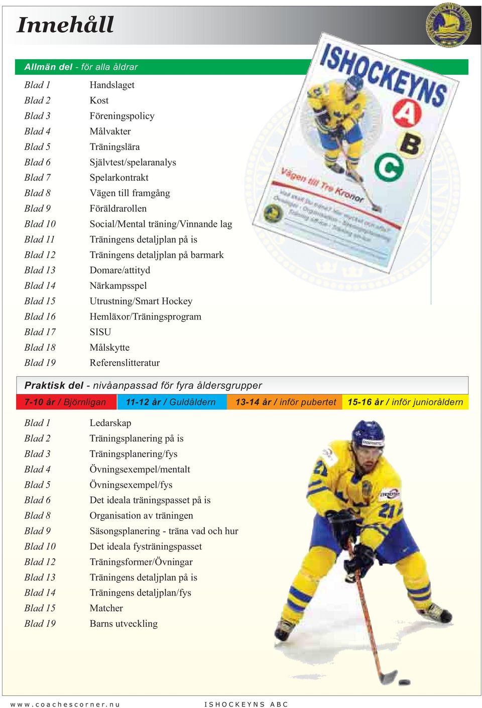 barmark Domare/attityd Närkampsspel Utrustning/Smart Hockey Hemläxor/Träningsprogram SISU Målskytte Referenslitteratur Praktisk del - nivåanpassad för fyra åldersgrupper 7-10 år / Björnligan 11-12 år