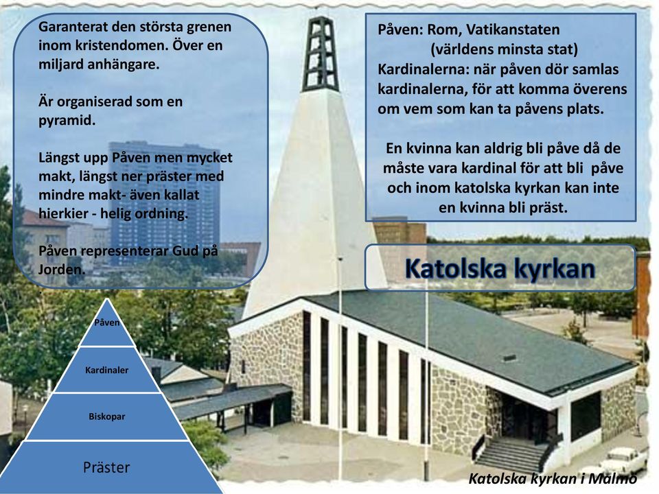 Påven: Rom, Vatikanstaten (världens minsta stat) Kardinalerna: när påven dör samlas kardinalerna, för att komma överens om vem som kan ta påvens