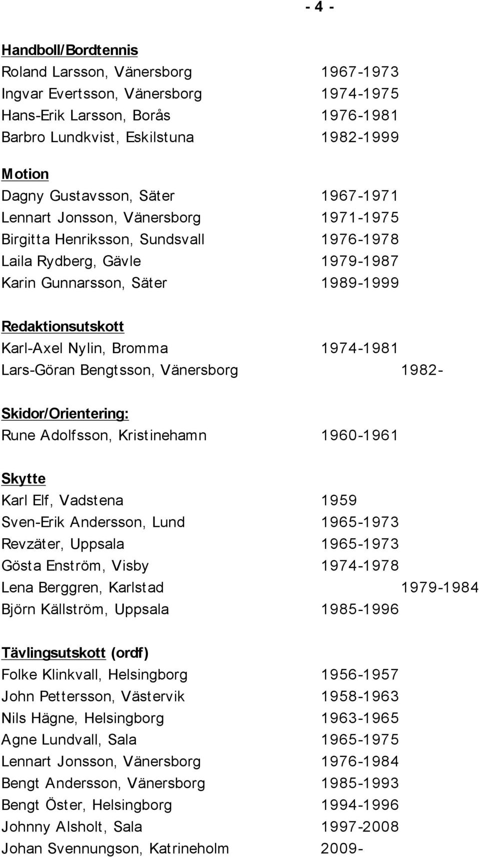 Nylin, Bromma 1974-1981 Lars-Göran Bengtsson, Vänersborg 1982- Skidor/Orientering: Rune Adolfsson, Kristinehamn 1960-1961 Skytte Karl Elf, Vadstena 1959 Sven-Erik Andersson, Lund 1965-1973 Revzäter,