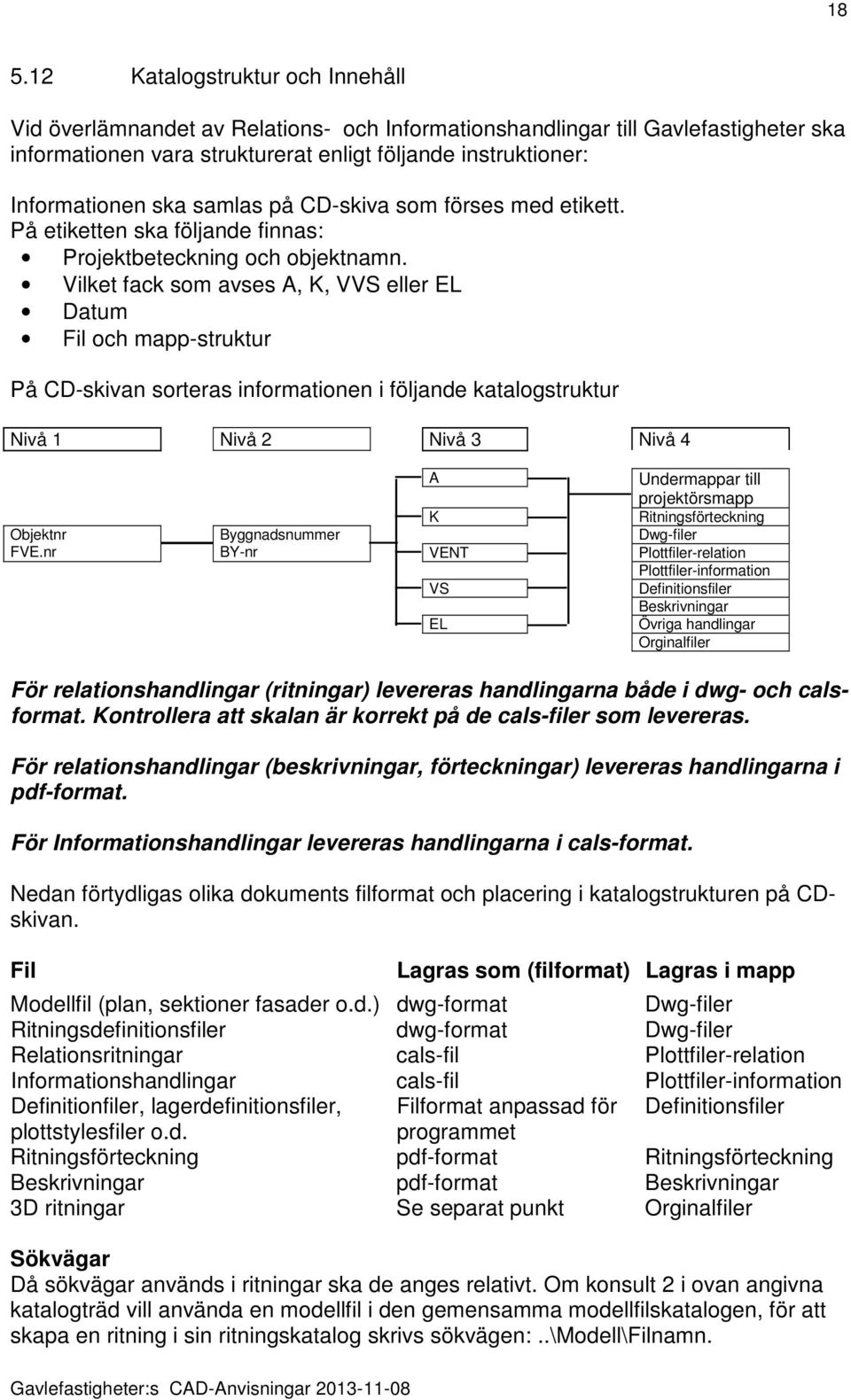 Vilket fack som avses A, K, VVS eller EL Datum Fil och mapp-struktur På CD-skivan sorteras informationen i följande katalogstruktur Nivå 1 Nivå 2 Nivå 3 Nivå 4 Objektnr FVE.