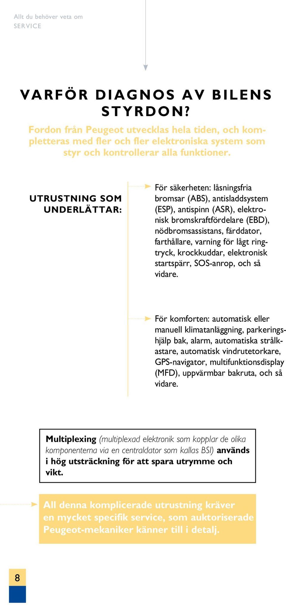 varning för lågt ringtryck, krockkuddar, elektronisk startspärr, SOS-anrop, och så vidare.