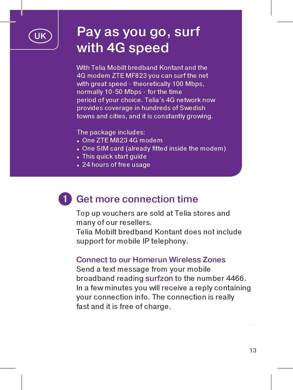 The package includes: One ZTE M823 4G modem One SIM card (already fitted inside the modem) This quick start guide 24 hours of free usage 1 Get more connection time Top up vouchers are sold at Telia