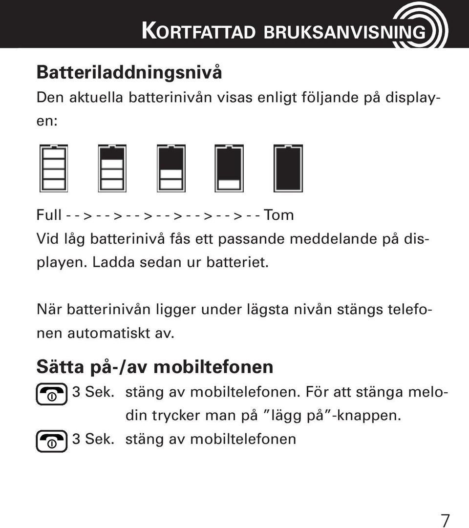 Ladda sedan ur batteriet. När batterinivån ligger under lägsta nivån stängs telefonen automatiskt av.