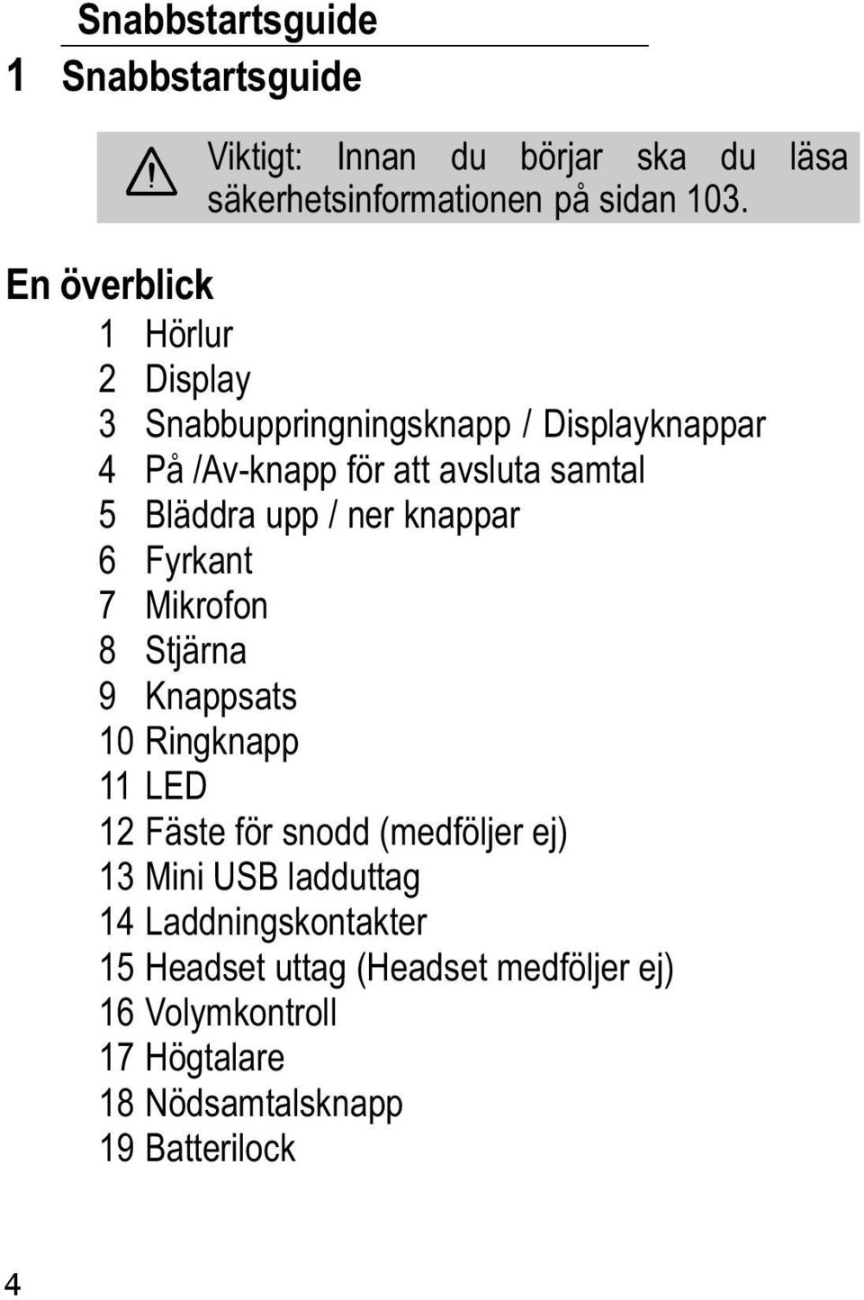 upp / ner knappar 6 Fyrkant 7 Mikrofon 8 Stjärna 9 Knappsats 10 Ringknapp 11 LED 12 Fäste för snodd (medföljer ej) 13 Mini