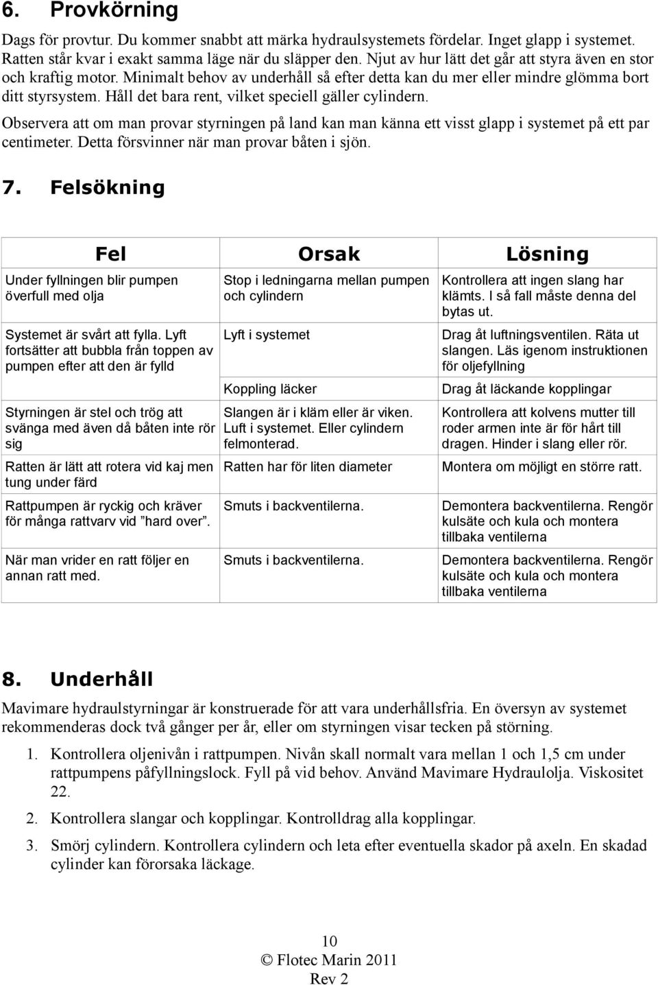 Håll det bara rent, vilket speciell gäller cylindern. Observera att om man provar styrningen på land kan man känna ett visst glapp i systemet på ett par centimeter.