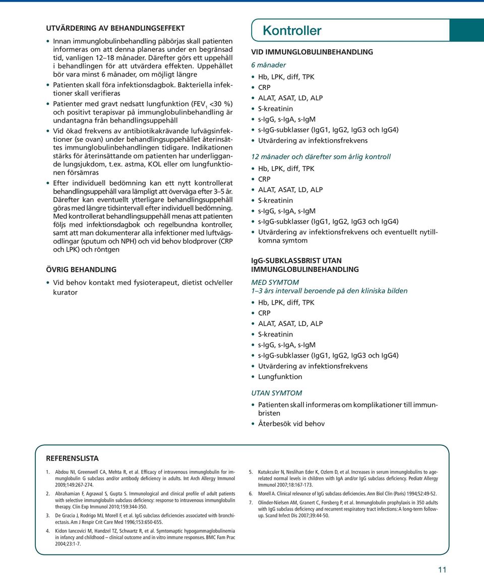 Bakteriella infektioner skall verifieras Patienter med gravt nedsatt lungfunktion (FEV 1 <30 %) och positivt terapisvar på immunglobulinbehandling är undantagna från behandlingsuppehåll Vid ökad