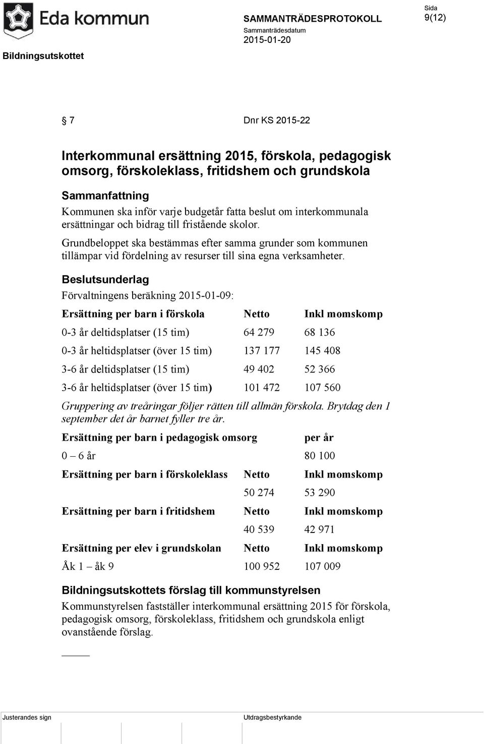 Förvaltningens beräkning 2015-01-09: Ersättning per barn i förskola Netto Inkl momskomp 0-3 år deltidsplatser (15 tim) 64 279 68 136 0-3 år heltidsplatser (över 15 tim) 137 177 145 408 3-6 år