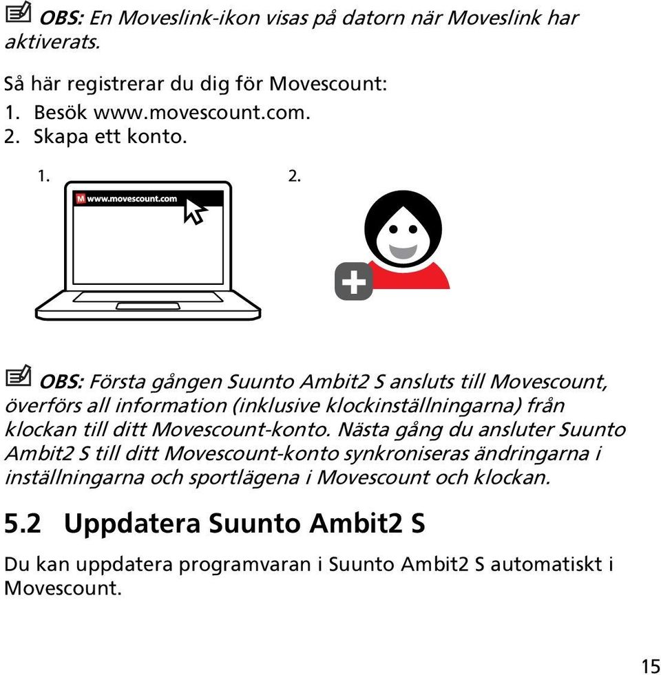 OBS: Första gången Suunto Ambit2 S ansluts till Movescount, överförs all information (inklusive klockinställningarna) från klockan till ditt
