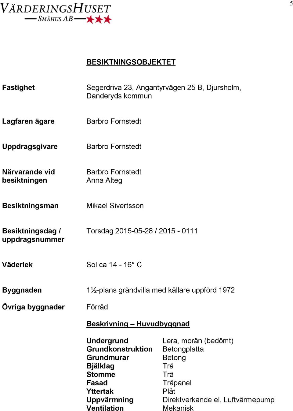 Väderlek Sol ca 14-16 C Byggnaden 1½-plans grändvilla med källare uppförd 1972 Övriga byggnader Förråd Beskrivning Huvudbyggnad Undergrund Grundkonstruktion