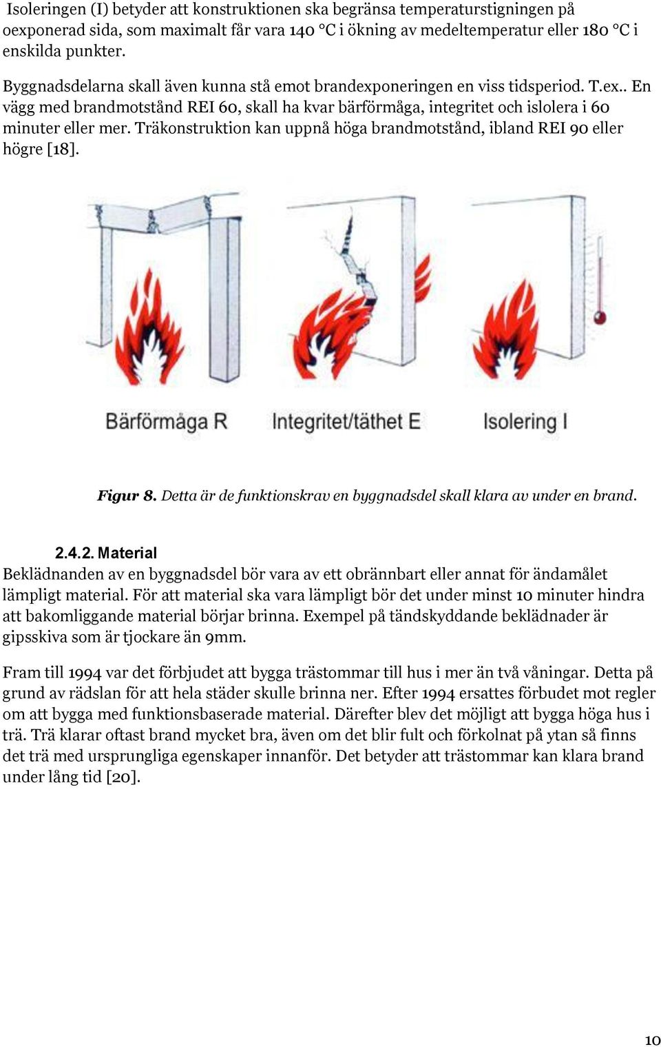 Träkonstruktion kan uppnå höga brandmotstånd, ibland REI 90 eller högre [18]. Figur 8. Detta är de funktionskrav en byggnadsdel skall klara av under en brand. 2.