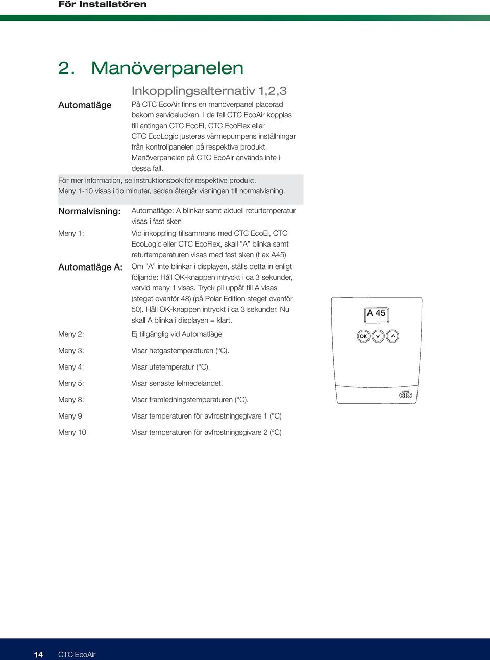 Manöverpanelen på CTC EcoAir används inte i dessa fall. För mer information, se instruktionsbok för respektive produkt. Meny 1-10 visas i tio minuter, sedan återgår visningen till normalvisning.