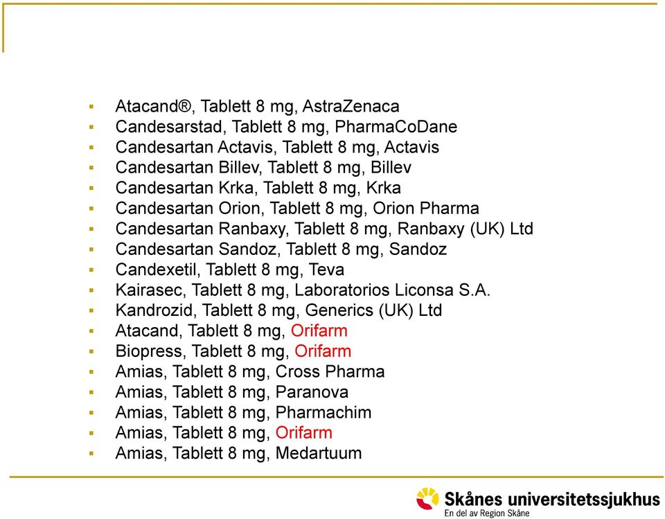 Sandoz Candexetil, Tablett 8 mg, Teva Kairasec, Tablett 8 mg, Laboratorios Liconsa S.A.