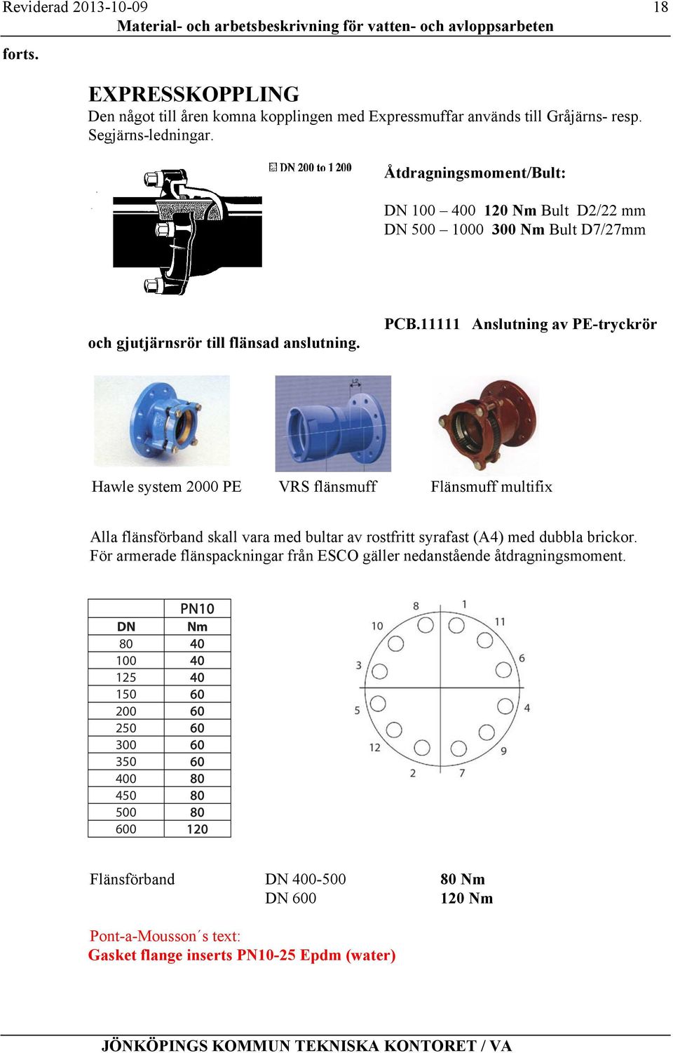 11111 Anslutning av PE-tryckrör Hawle system 2000 PE VRS flänsmuff Flänsmuff multifix Alla flänsförband skall vara med bultar av rostfritt syrafast (A4) med dubbla brickor.