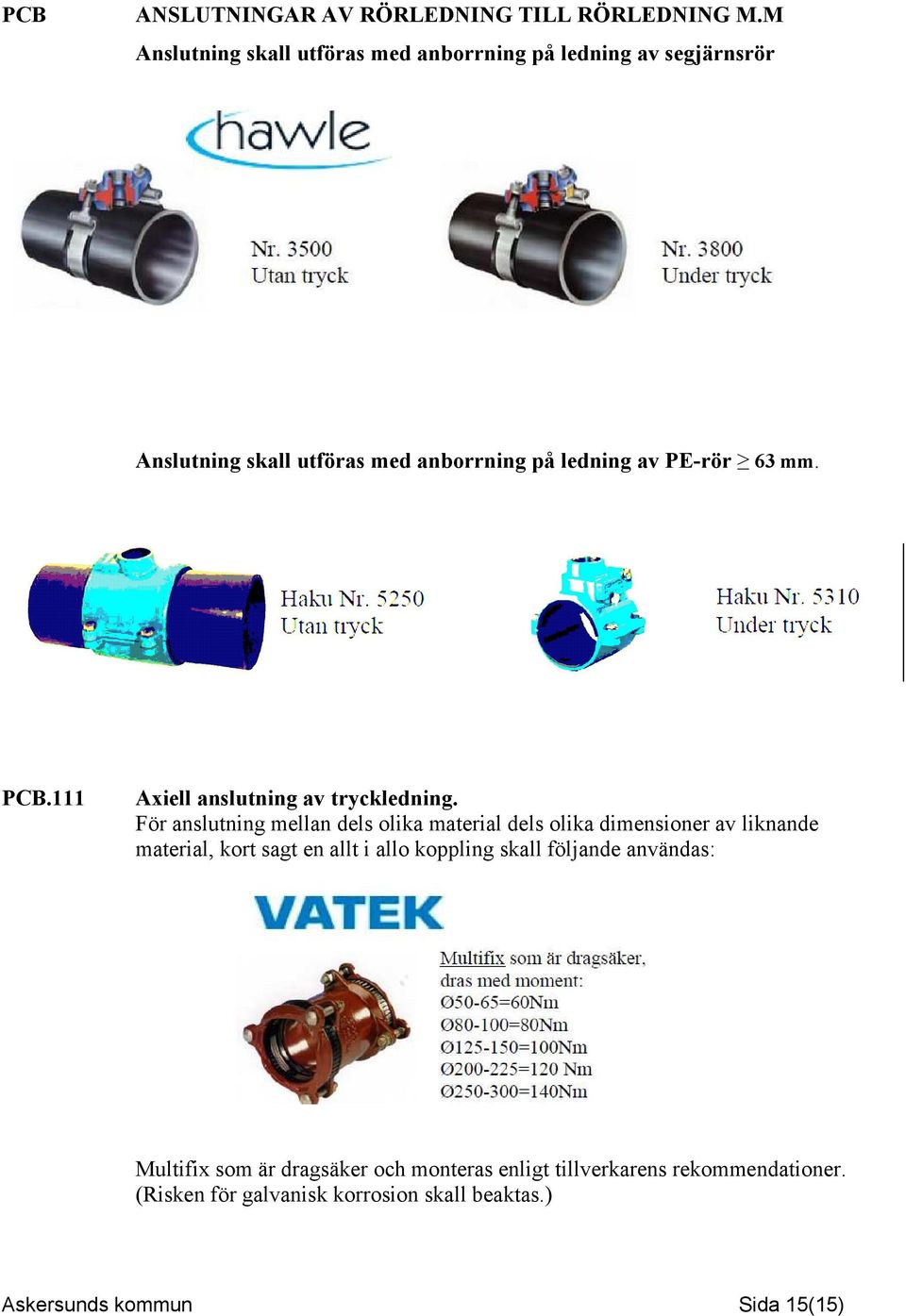 mm. PCB.111 Axiell anslutning av tryckledning.