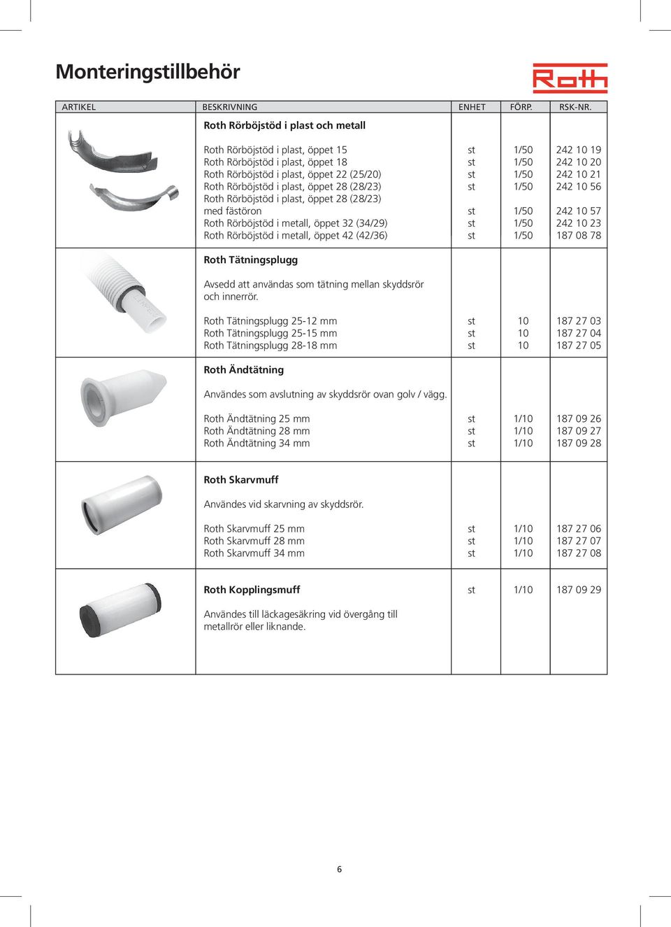Roth Rörböjstöd i plast, öppet 28 (28/23) st 1/50 242 10 56 Roth Rörböjstöd i plast, öppet 28 (28/23) med fästöron st 1/50 242 10 57 Roth Rörböjstöd i metall, öppet 32 (34/29) st 1/50 242 10 23 Roth