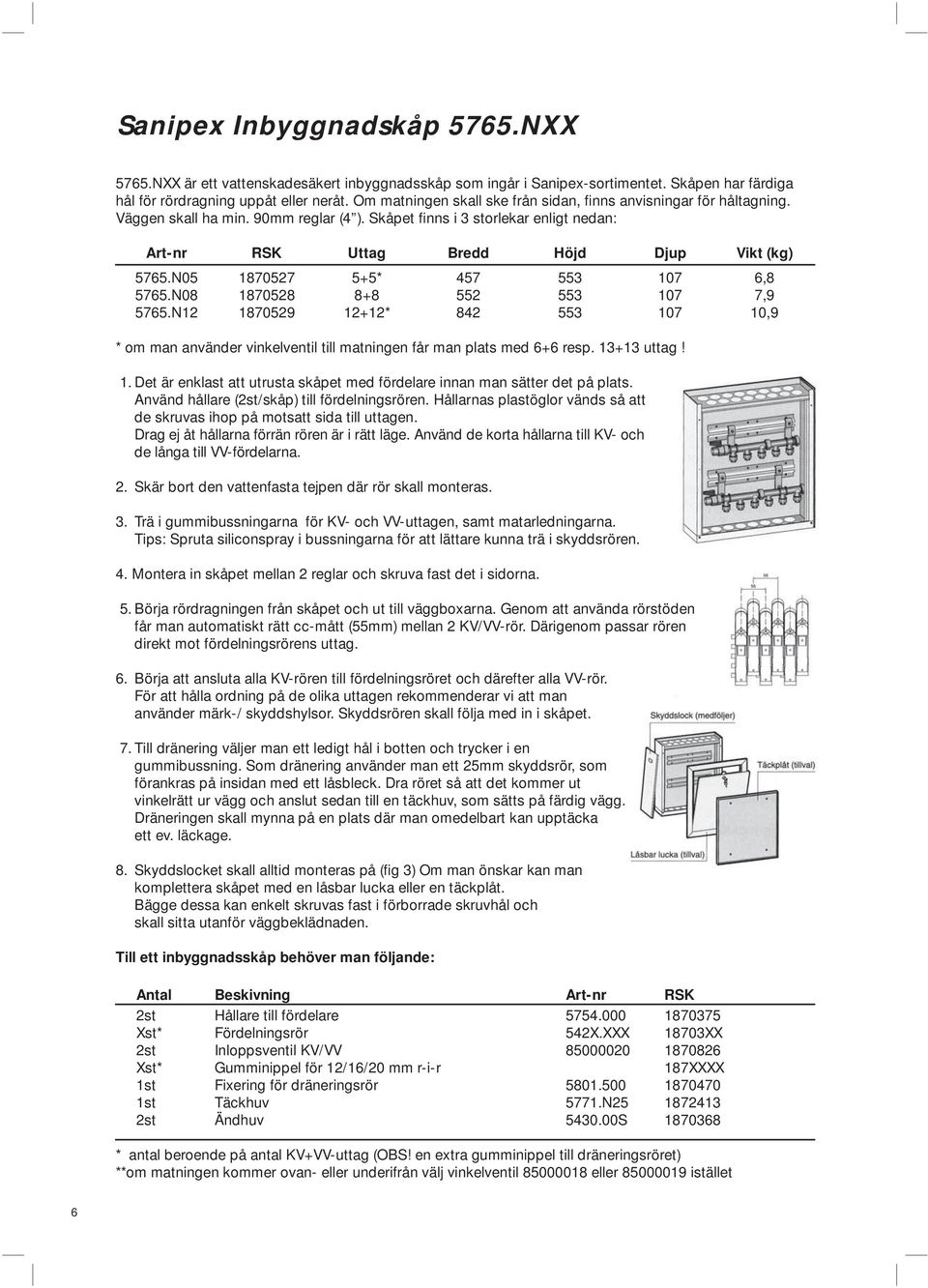 N05 1870527 5+5* 457 553 107 6,8 5765.N08 1870528 8+8 552 553 107 7,9 5765.N12 1870529 12+12* 842 553 107 10,9 * om man använder vinkelventil till matningen får man plats med 6+6 resp. 13+13 uttag! 1. Det är enklast att utrusta skåpet med fördelare innan man sätter det på plats.