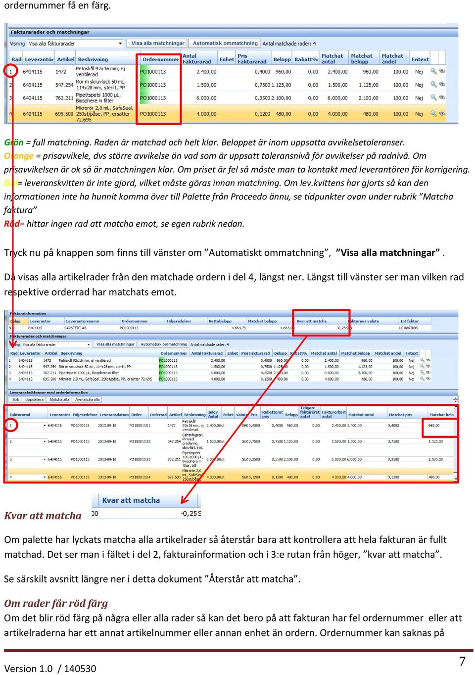 Om priset är fel så måste man ta kontakt med leverantören för korrigering. Gul= leveranskvitten är inte gjord, vilket måste göras innan matchning. Om lev.