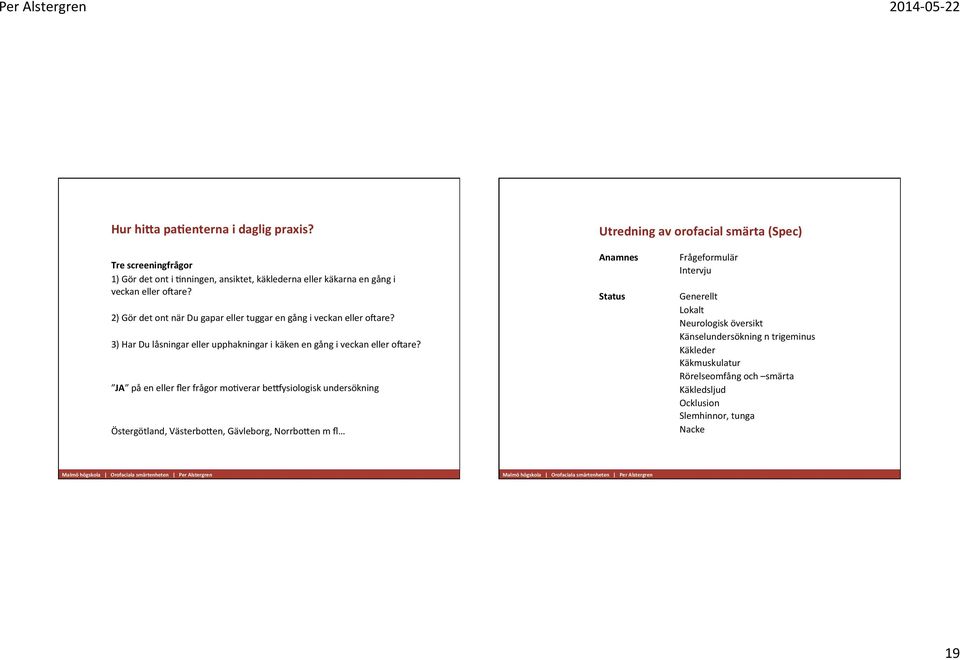 JA på en eller fler frågor mogverar bewysiologisk undersökning Östergötland, VästerboQen, Gävleborg, NorrboQen m fl Utredning av orofacial smärta (Spec) Anamnes