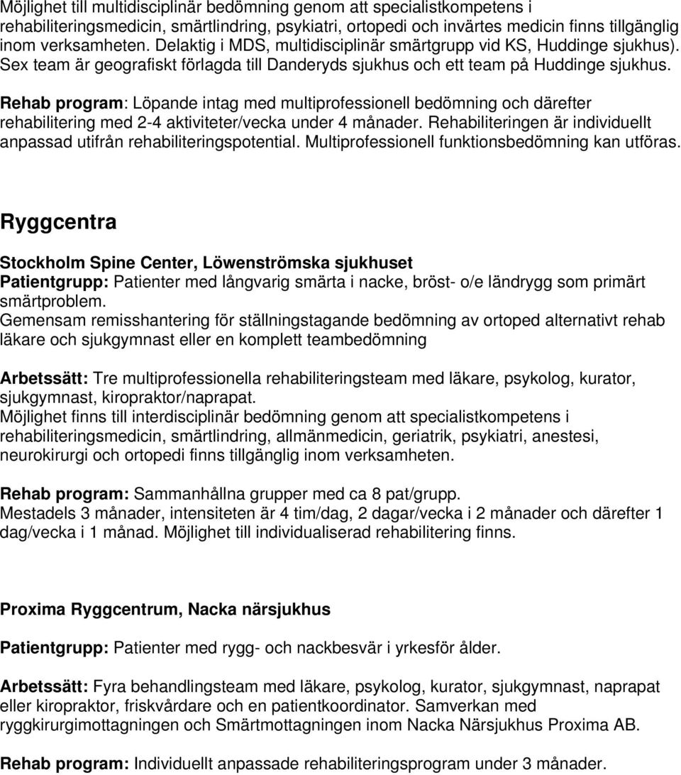 Rehab program: Löpande intag med multiprofessionell bedömning och därefter rehabilitering med 2-4 aktiviteter/vecka under 4 månader.