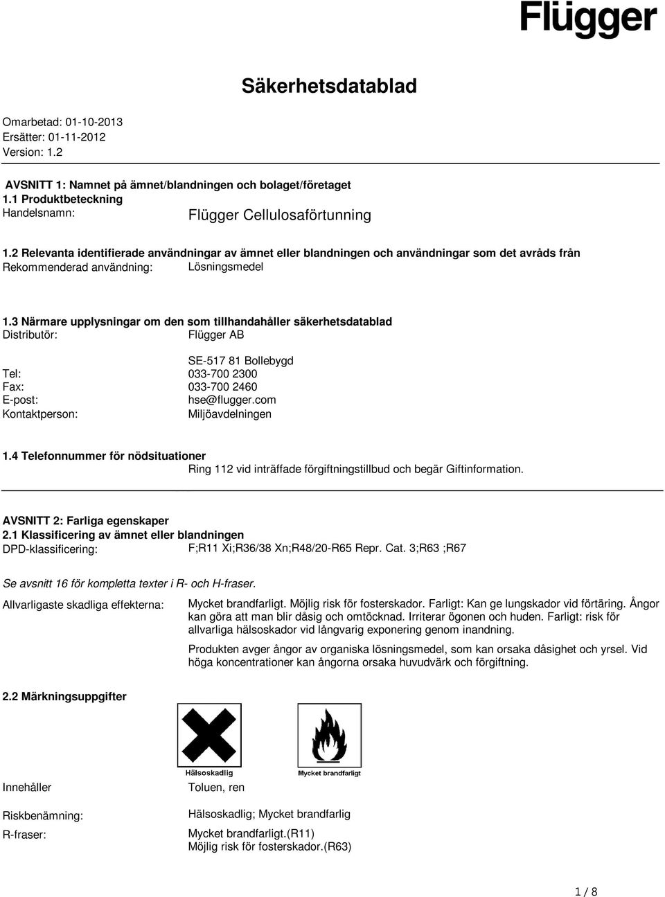 säkerhetsdatablad Distributör: Flügger AB SE-517 81 Bollebygd Tel: 033-700 2300 Fax: 033-700 2460 E-post: hse@fluggercom Kontaktperson: Miljöavdelningen 14 Telefonnummer för nödsituationer Ring 112