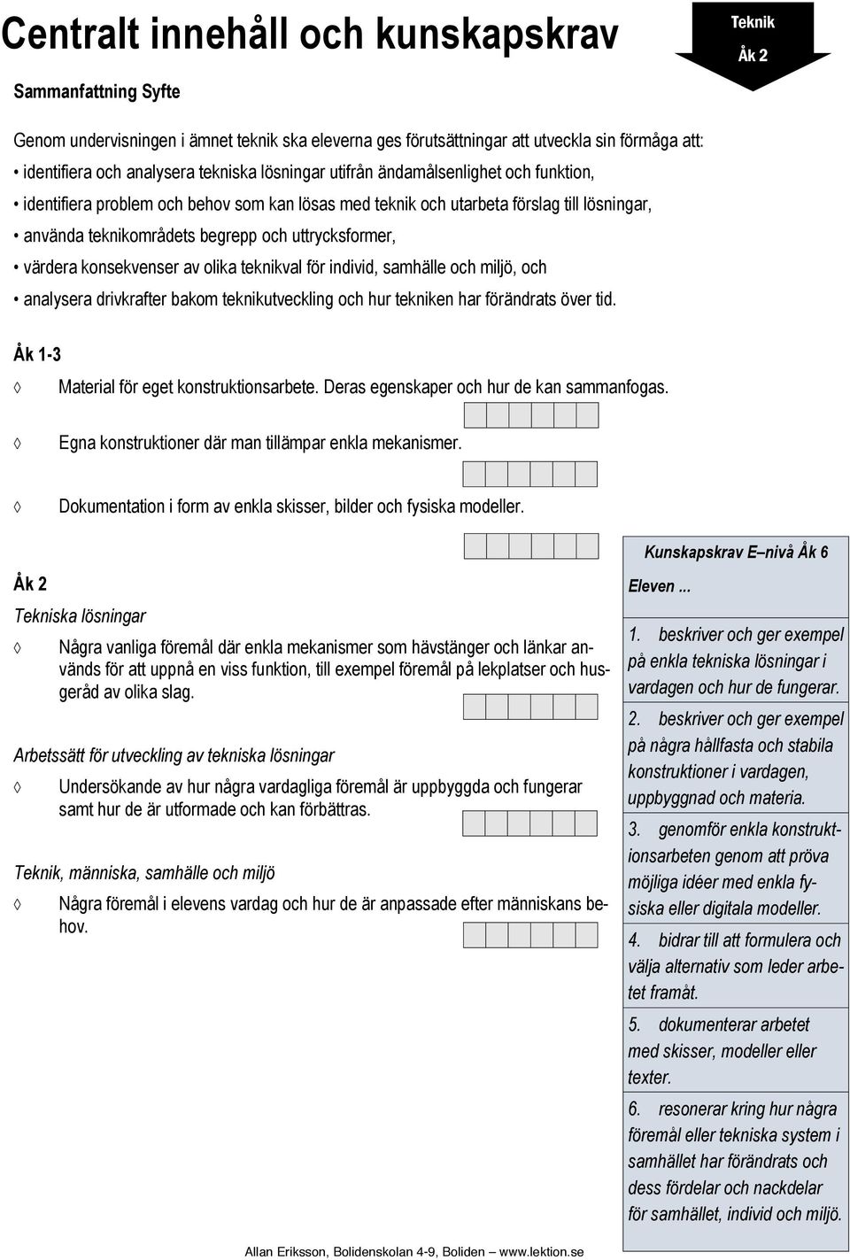 samhälle och miljö, och analysera drivkrafter bakom teknikutveckling och hur tekniken har förändrats över tid. Åk 1-3 Material för eget konstruktionsarbete.