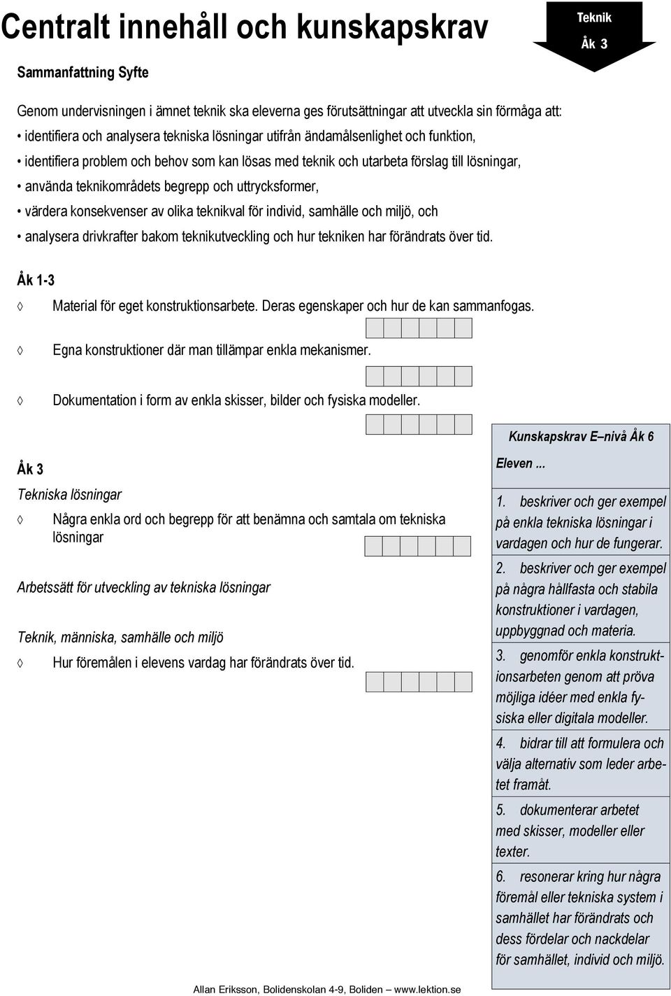 samhälle och miljö, och analysera drivkrafter bakom teknikutveckling och hur tekniken har förändrats över tid. Åk 1-3 Material för eget konstruktionsarbete.