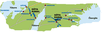 Allmän information om kanalen Göta kanal sträcker sig från Sjötorp i Vänern, nordost om Mariestad och går via Vättern till Mem i Östersjön som ligger öster om Söderköping.