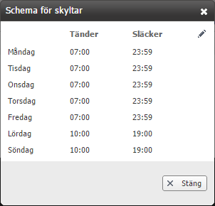 Konfigurera schema för skyltar Schemat för tändning och släckning är, till skillnad från parkeringsanläggningarna, gemensamt för alla parkeringsskyltar i systemet.