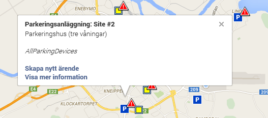Symbolerna för parkeringsanläggningar och skyltar i kartan har följande betydelse: Parkeringsanläggning är öppen. Parkeringsanläggning är stängd. Parkeringsanläggning är inaktiv.