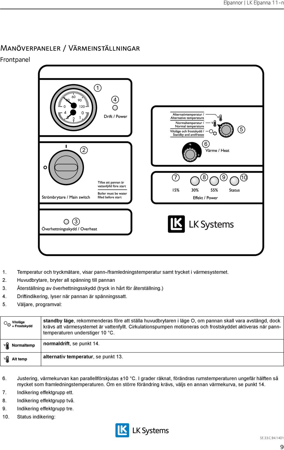 Väljare, programval: standby läge, rekommenderas före att ställa huvudbrytaren i läge O, om pannan skall vara avstängd, dock krävs att värmesystemet är vattenfyllt.