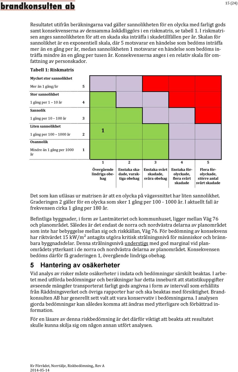 Skalan för sannolikhet är en exponentiell skala, där 5 motsvarar en händelse som bedöms inträffa mer än en gång per år, medan sannolikheten 1 motsvarar en händelse som bedöms inträffa mindre än en