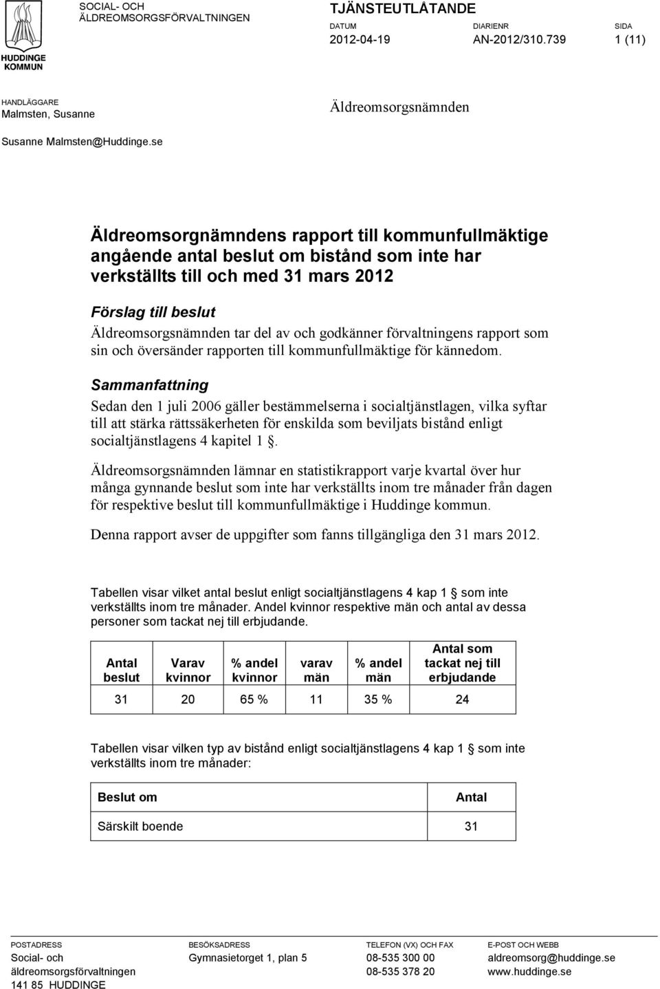 förvaltningens rapport som sin och översänder rapporten till kommunfullmäktige för kännedom.