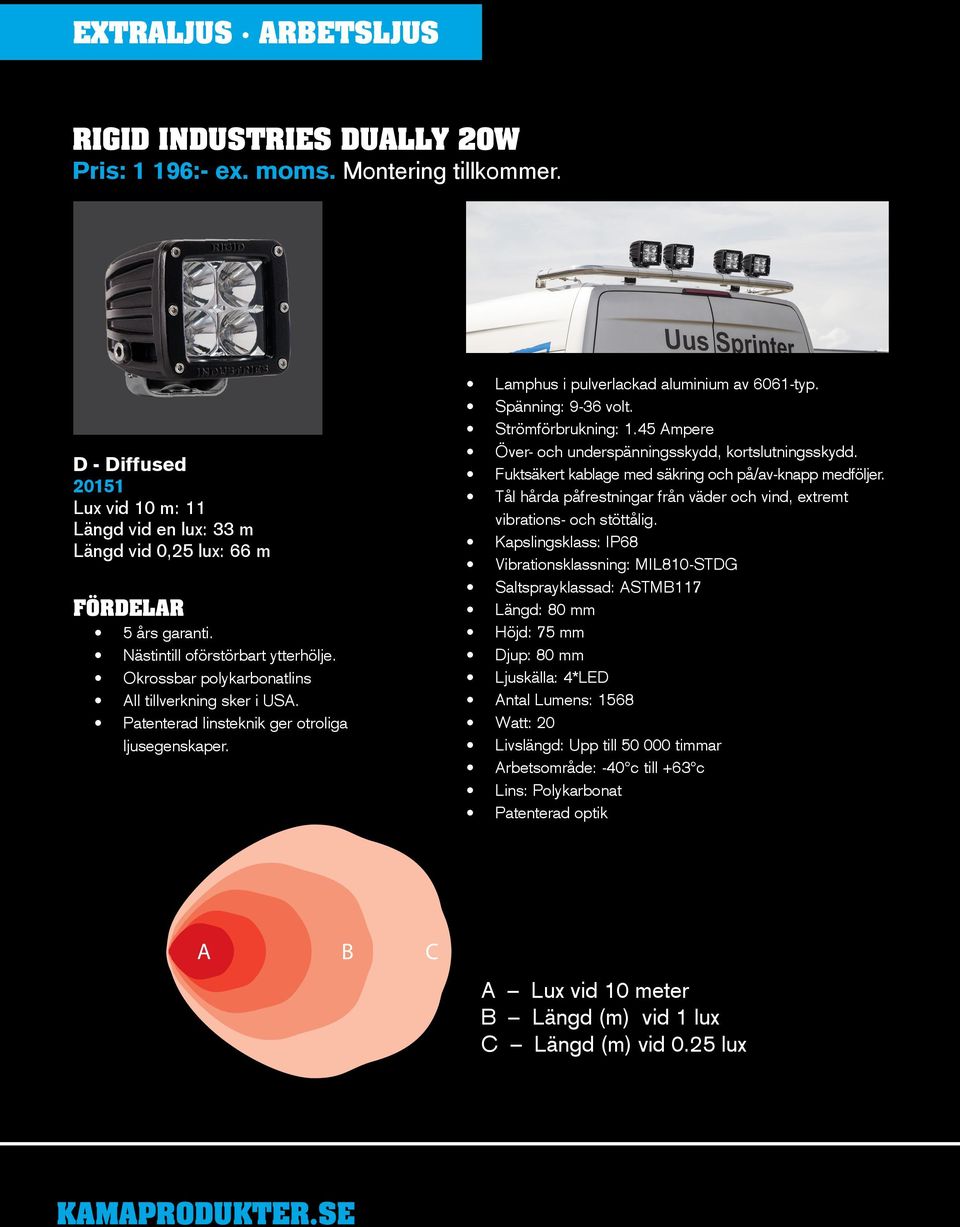 Patenterad linsteknik ger otroliga ljusegenskaper. Lamphus i pulverlackad aluminium av 6061-typ. Spänning: 9-36 volt. Strömförbrukning: 1.45 Ampere Över- och underspänningsskydd, kortslutningsskydd.