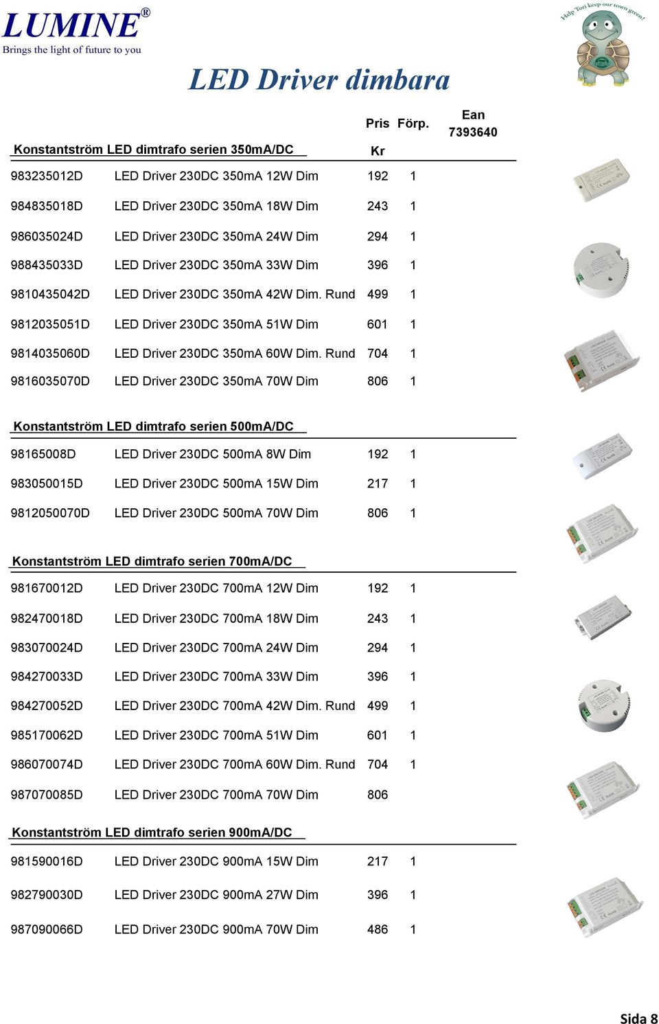 9810435042D LED Driver 230DC 350mA 42W Dim. Rund 499 1 9812035051D LED Driver 230DC 350mA 51W Dim 601 1 9814035060D LED Driver 230DC 350mA 60W Dim.