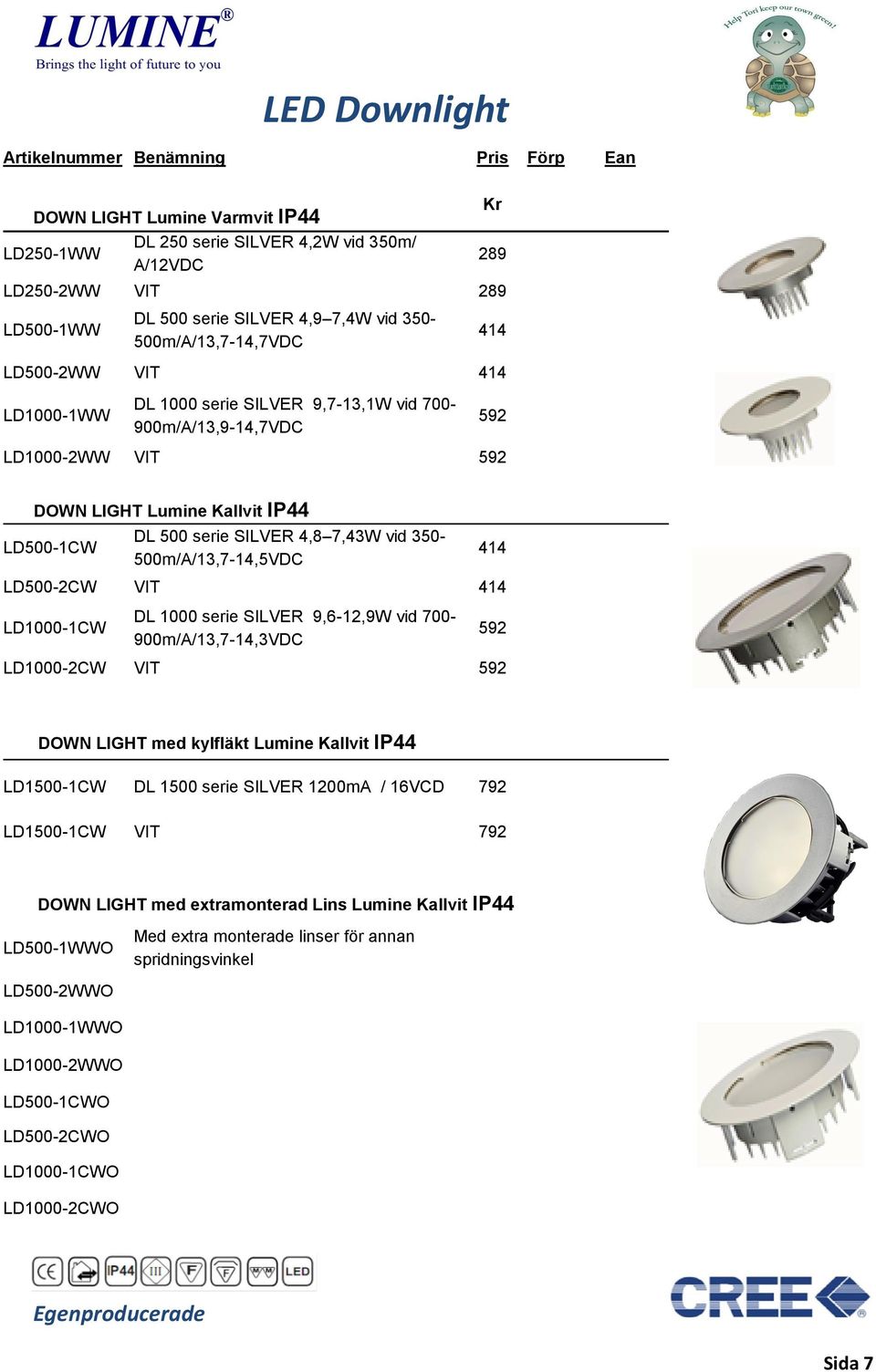 7,43W vid 350- LD500-1CW 500m/A/13,7-14,5VDC 414 LD500-2CW VIT 414 LD1000-1CW DL 1000 serie SILVER 9,6-12,9W vid 700-900m/A/13,7-14,3VDC 592 LD1000-2CW VIT 592 DOWN LIGHT med kylfläkt Lumine Kallvit