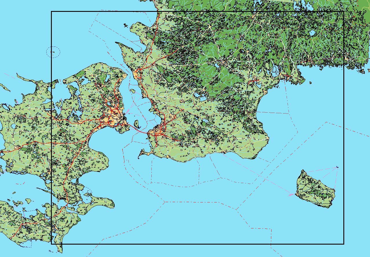 Figur 4. Den geografiska utbredningen av det regionala emissionsrastret (1245588, 6063210; 1475588, 6249210) som beskriver sjöfartens utsläpp i Östersjön och Östersjöns södra del.