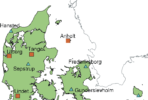 Figur 5. Ön Anholts och dess mätstation samt andra mätplatser i den danska luftövervakningen (röda rektanglar och blå trianglar).